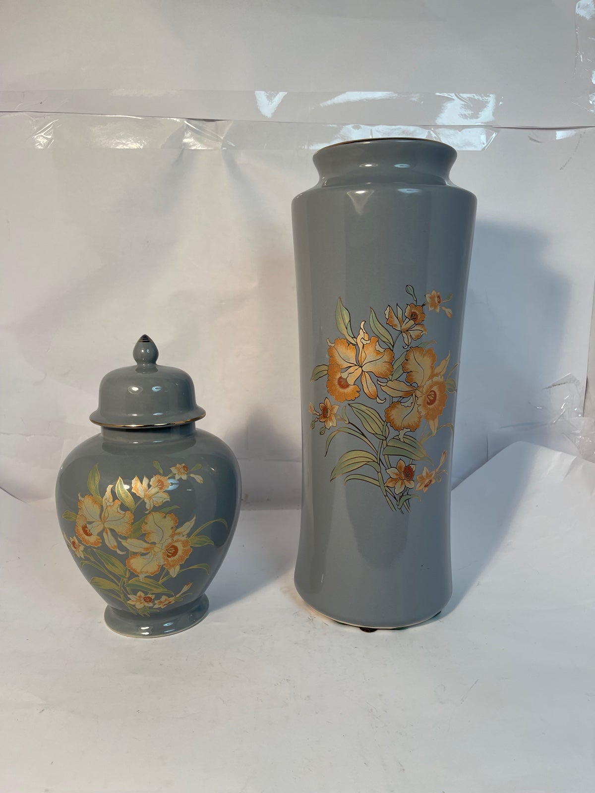 Asian Oriental Vase Floral Blue/Gray With Orange/Peach/Coral Flowers