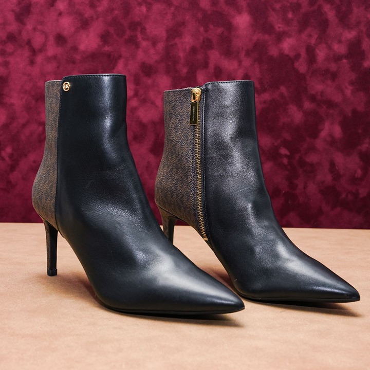 Michael Kors Women Alina Brown Black Leather MK Logo Dressy Ankle Boots sz 6
