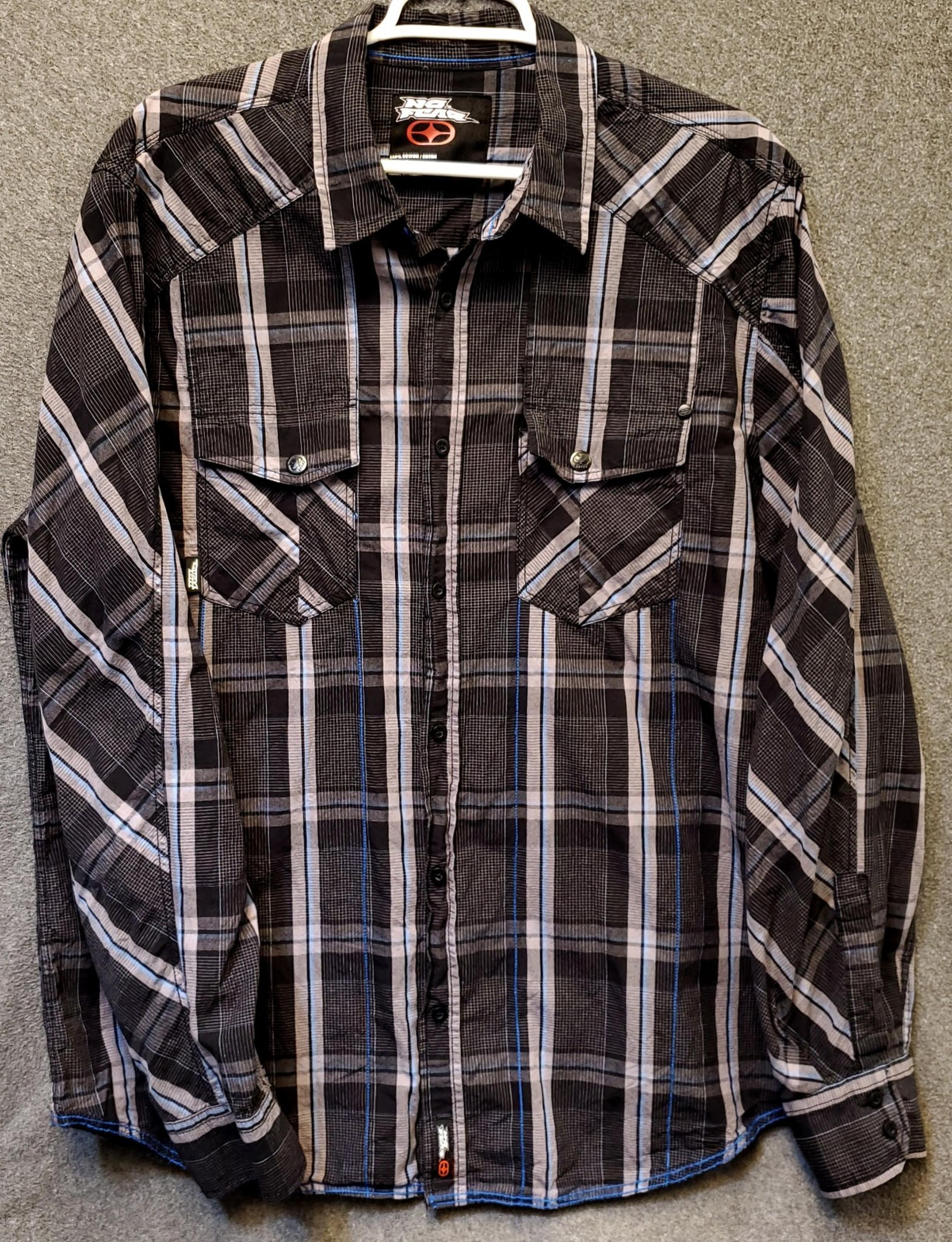 No Fear Men's Long Sleeve Plaid XL Button Up Black Grey Blue Shirt