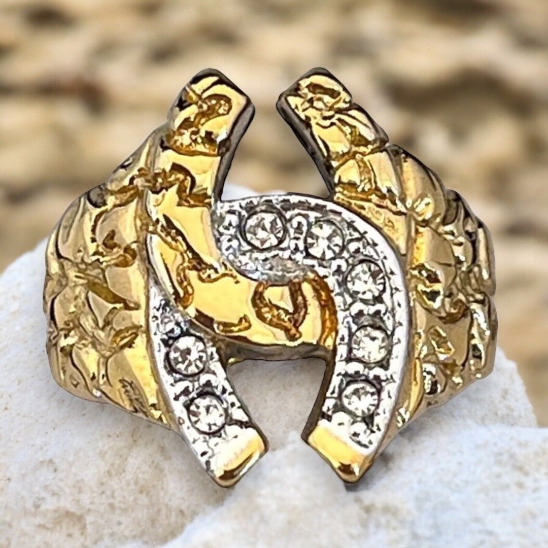 Vintage Ring Size 9 Horseshoe Equestrian Nugget 14KT Gold Plate Lucky Derby 14P