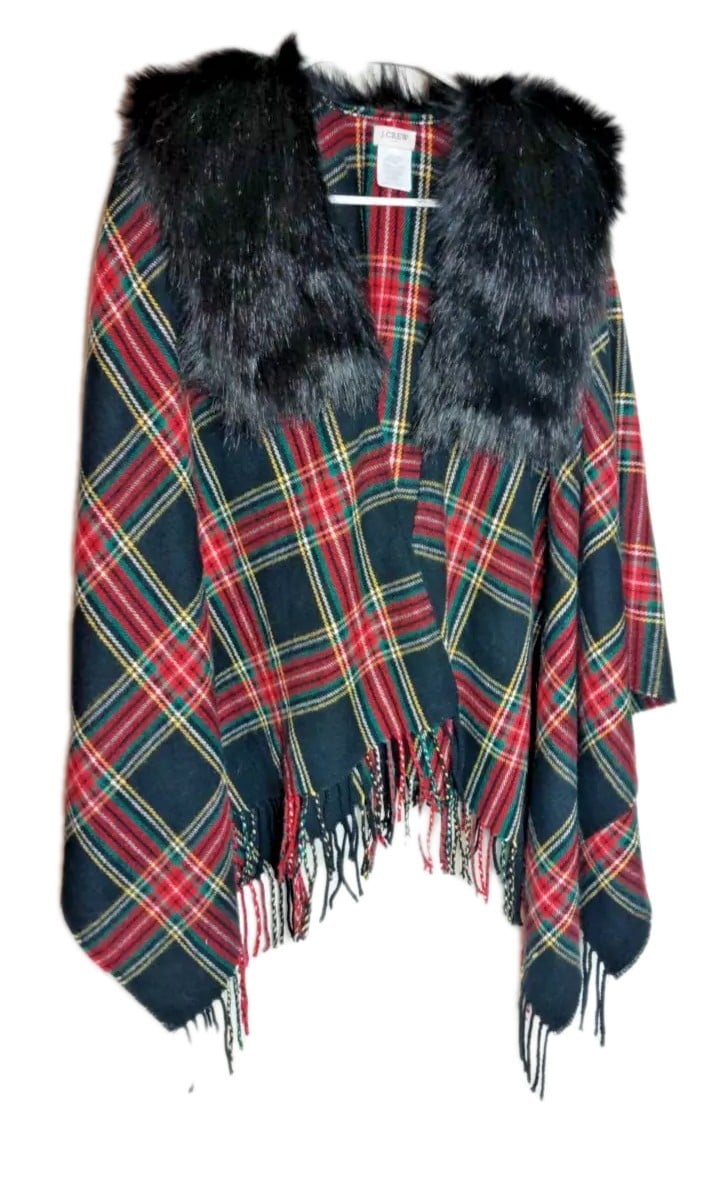 J Crew Faux-fur Cape-Scarf Womens Red Holiday plaid.