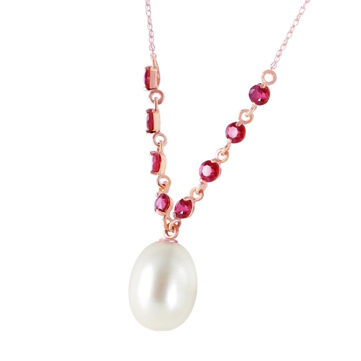 14K. SOLID GOLD NECKLACE W/ NATURAL RUBYS & PEARL (Rose Gold)