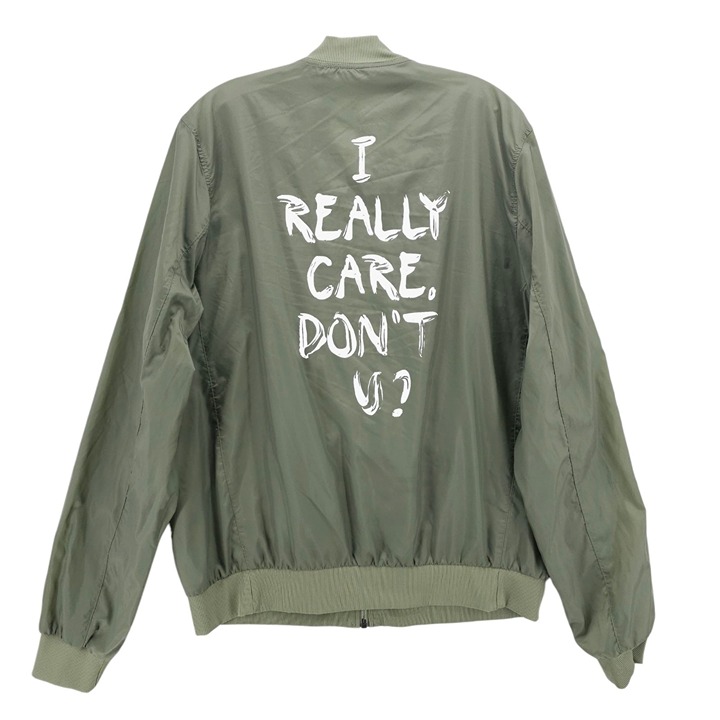 WILDFANG Green Jacket Bomber Windbreaker Lightweight I Really Care Don't U LARGE