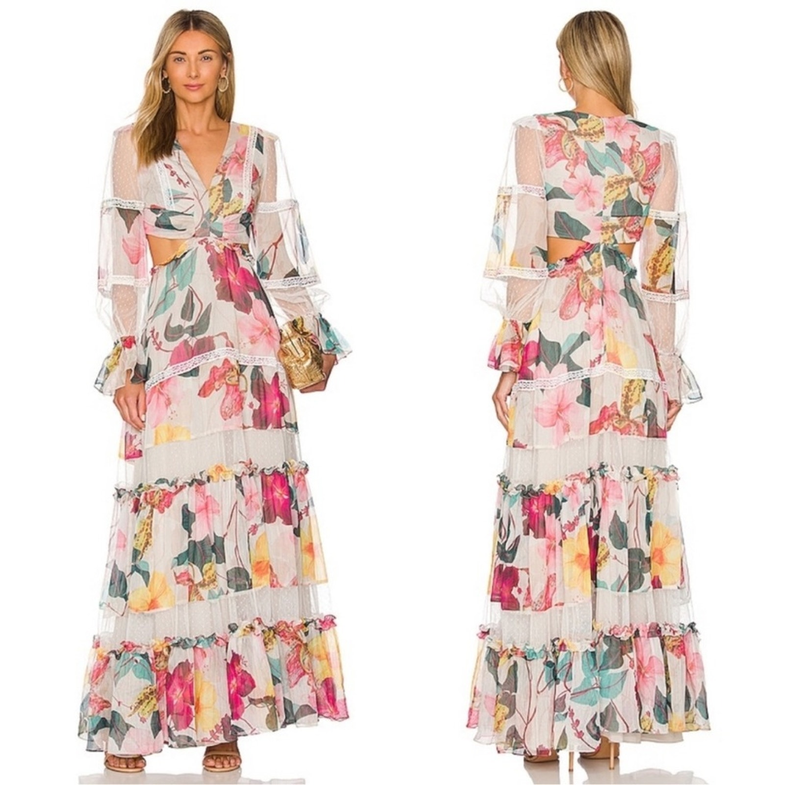 Patbo Hibiscus Lace Trim Vanilla Cut Out Maxi Dress Size 0