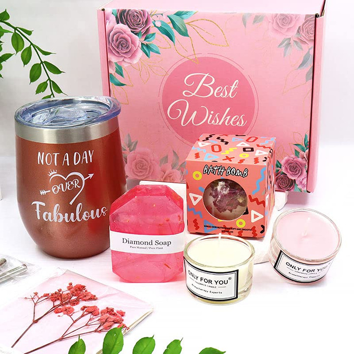 Gift Basket - Wine Cup, Fizz, Soap, Wax Flower, Candle, Ribbon, Card