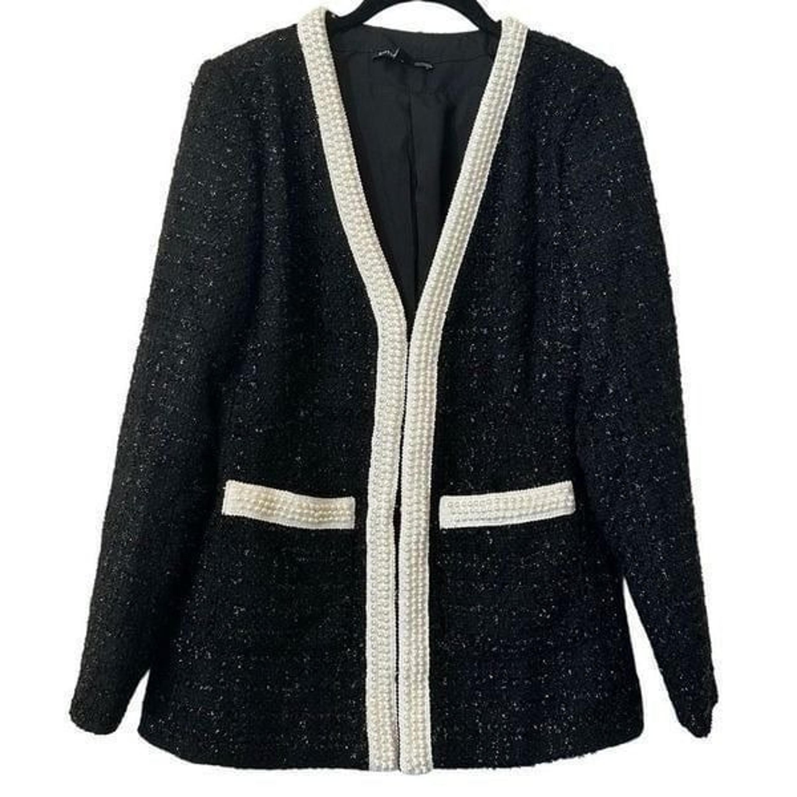 Boston Proper Tweed Embelisshed Wool Blend Black White Blazer Jacket 6