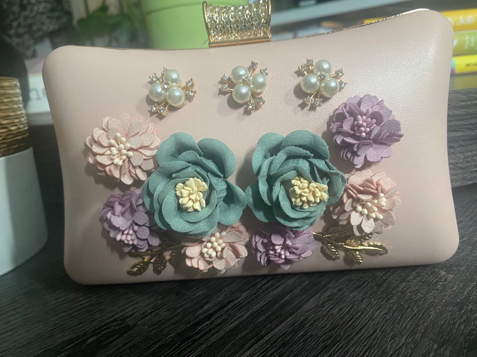 NWT-Boutique! Pale-pink clutch w/lobster clasp. Gold/pearl/rhinestone accents