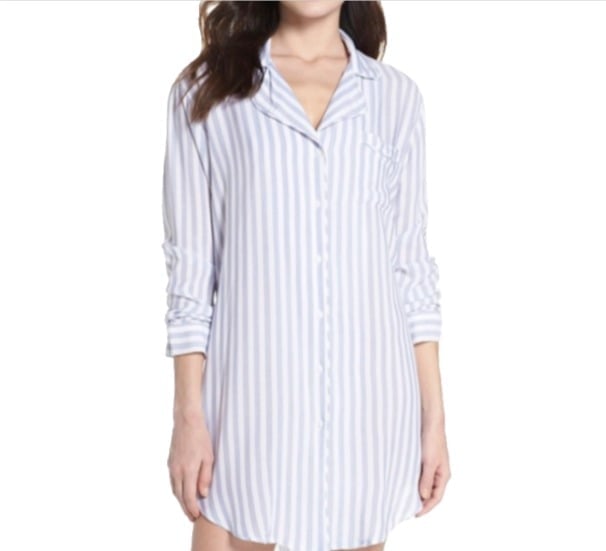 Rails Women's Size Large Bermuda Stripe Button Up Sleep Shirt Pocket Blue White