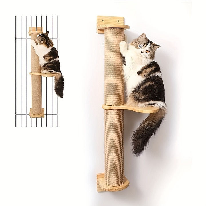 Sturdy wooden cat tree tower with sisal rope grab posts and toys-DMASIPOU213