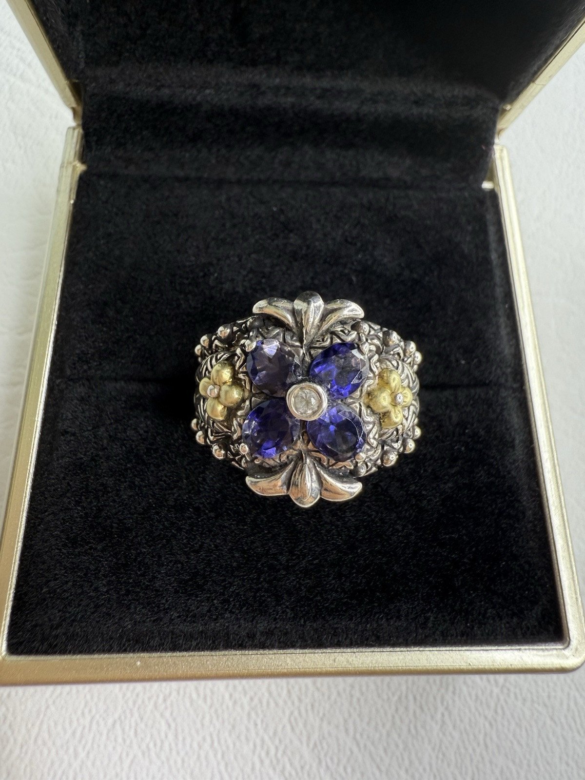 Barbara Bixby 18K Gold & 925 Sterling Silver Iolite Gemstone Flower Ring Sz 4.75