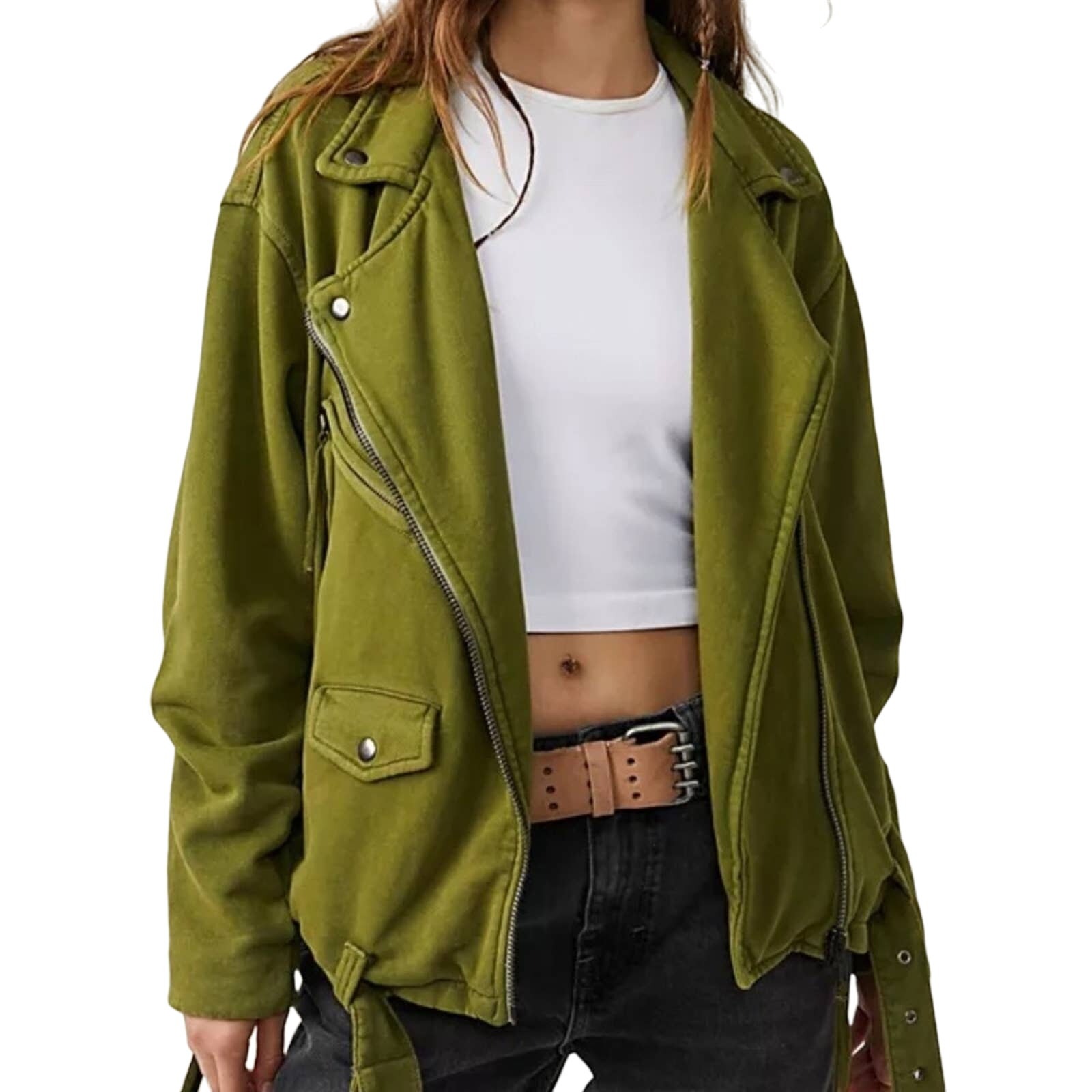 Free People Women's Olive Green Rebel Rebel Knit Moto Jacket Size Large NEW