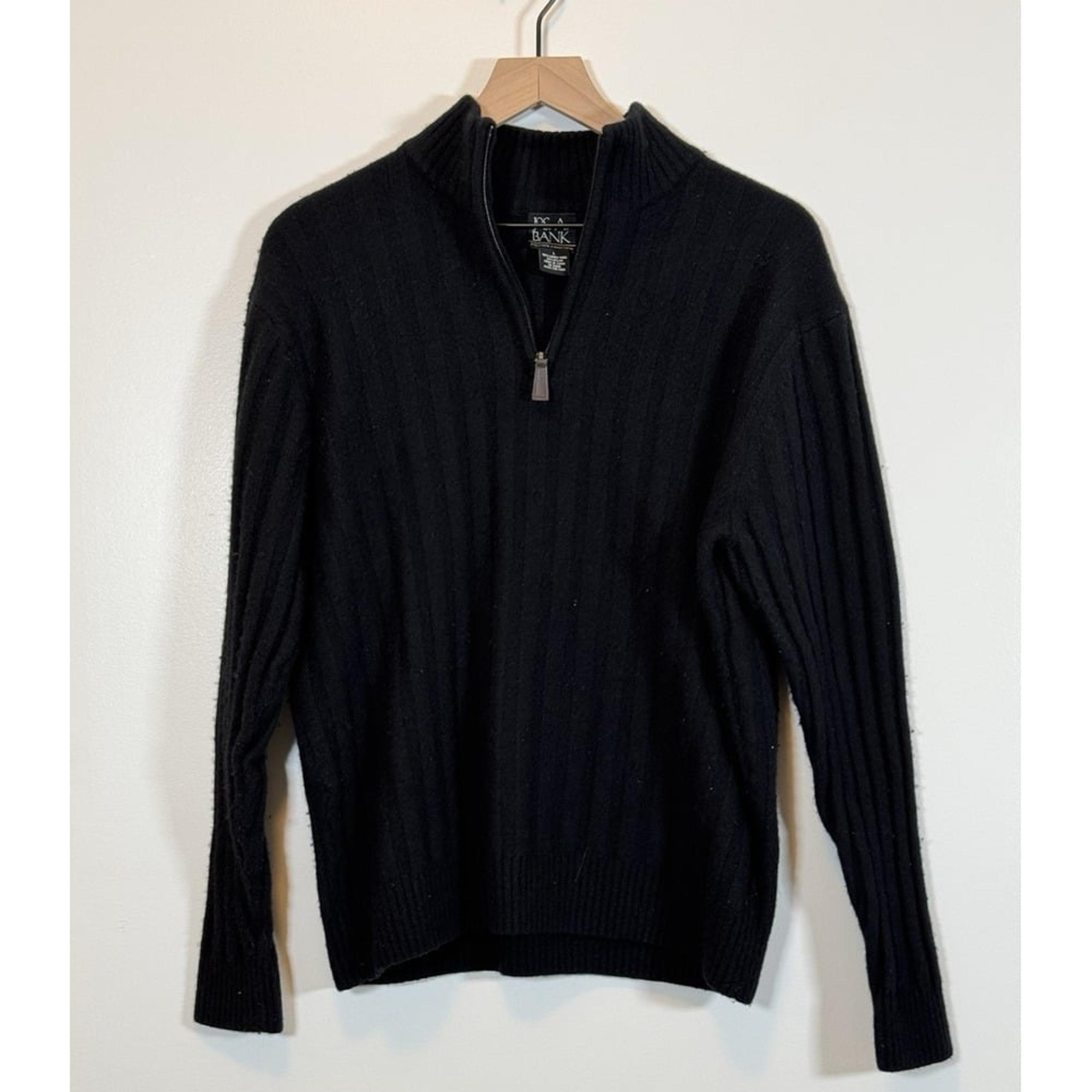 Jos A Bank Men's L Black Lambs Wool Pullover Sweater Quarter Zip Soft Heavy