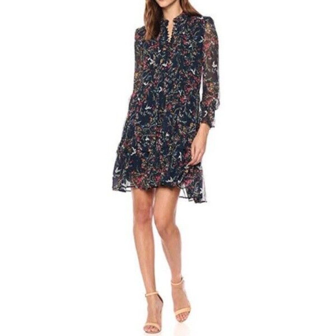 The Kooples Sheer Floral Bird Silk Tiered Ruffle Dress Whimisical Cottagecore