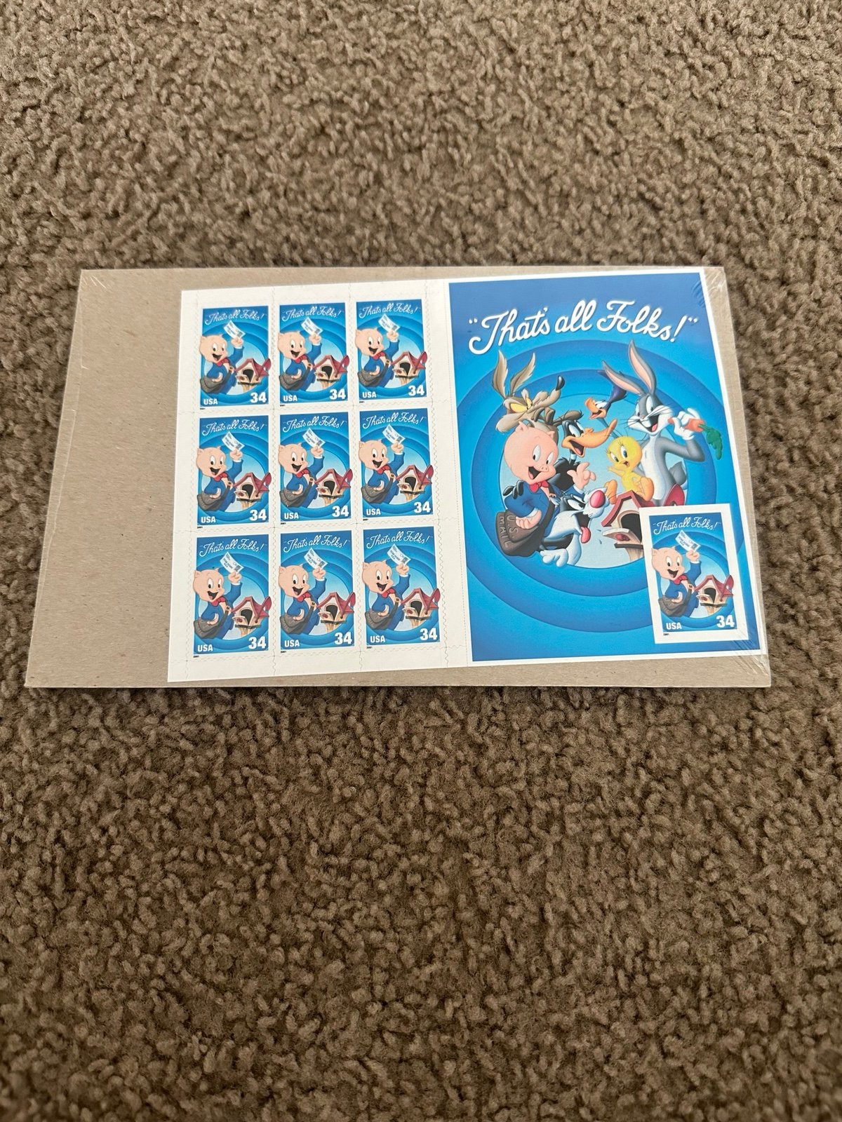 Collectible vintage 2001 34c Porky Pig, Pane Of 10 With die cut new sealed