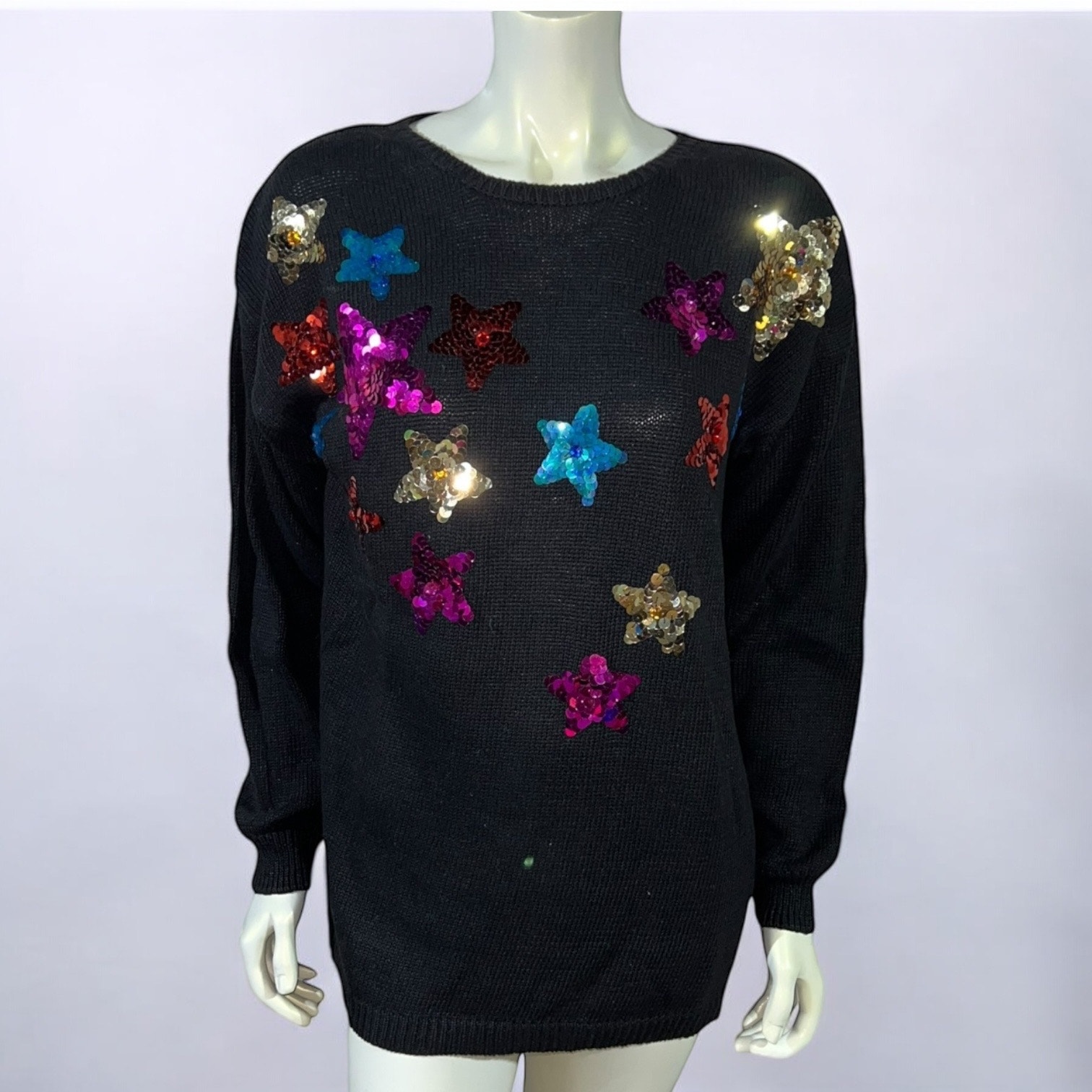 Vintage 90s Jason Maxwell Sequin Star Sweater - NWT Black Rainbow Stars Medium