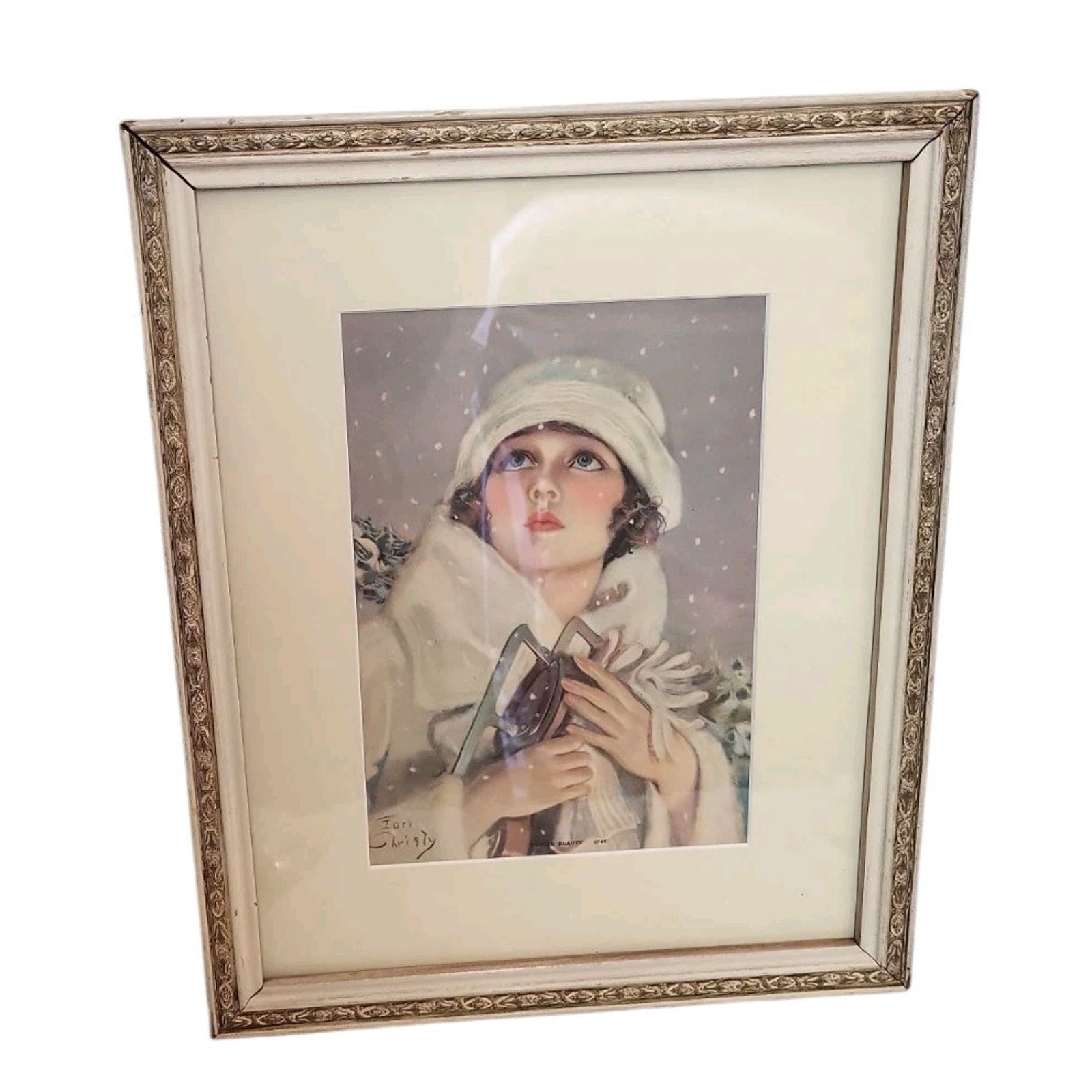 Vintage Earl Christy Art Deco Pin-Up Portrait Print, Ice skates Brunette Beauty