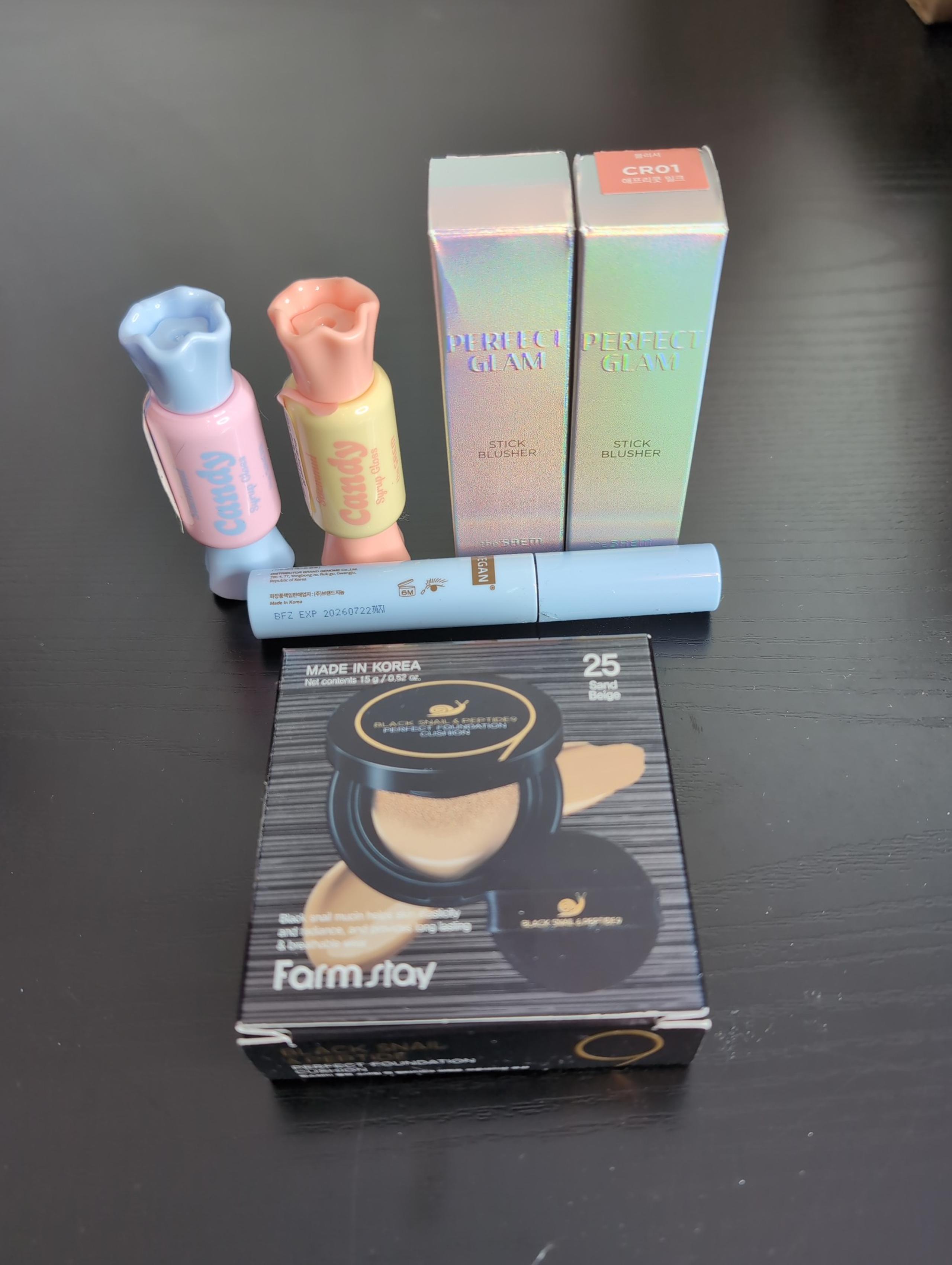 Korean makeup bundle The Saem, candy syrup gloss, perfect glam stick, farmstay