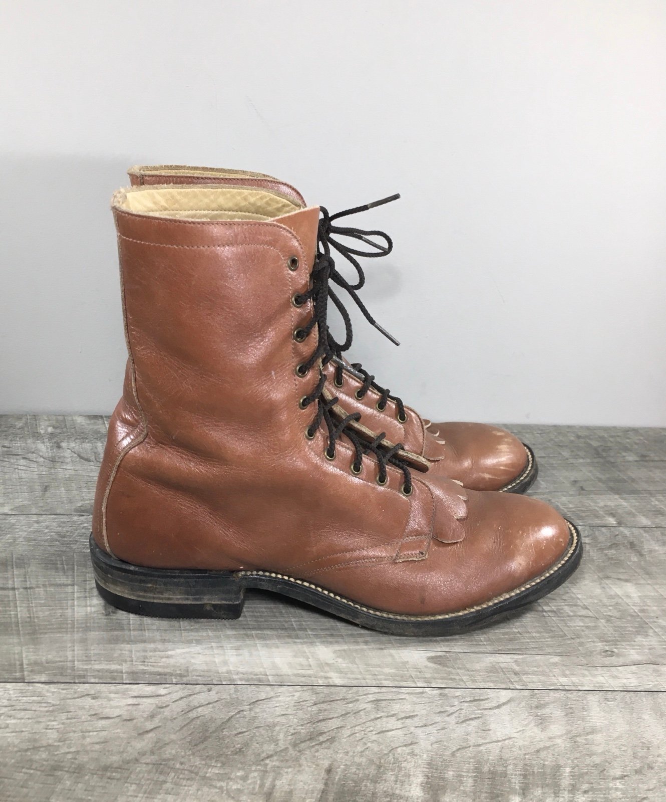 Morgan’s Mens Packer Lace Up Western Soft Toe Work Brown Leather Boots Size 8.5