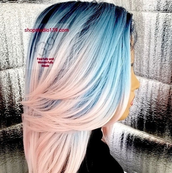 Celebrity pink blue human bob wig