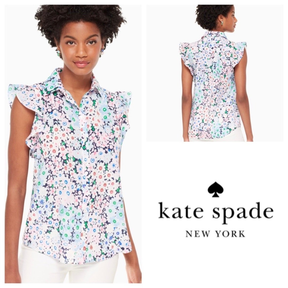 Kate Spade Daisy Garden Ruffle Sleeve Top Floral Button Up Shirt Blouse NWT XS