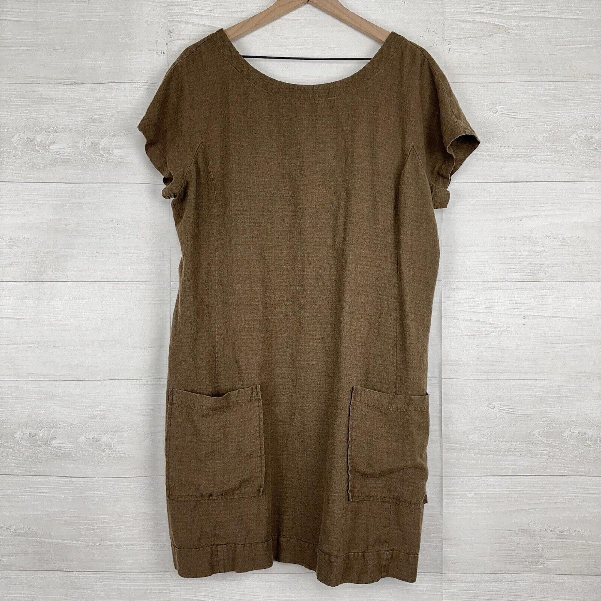 Eileen Fisher Organic Linen Shift Tunic Dress Women L Brown Short Sleeve Pockets