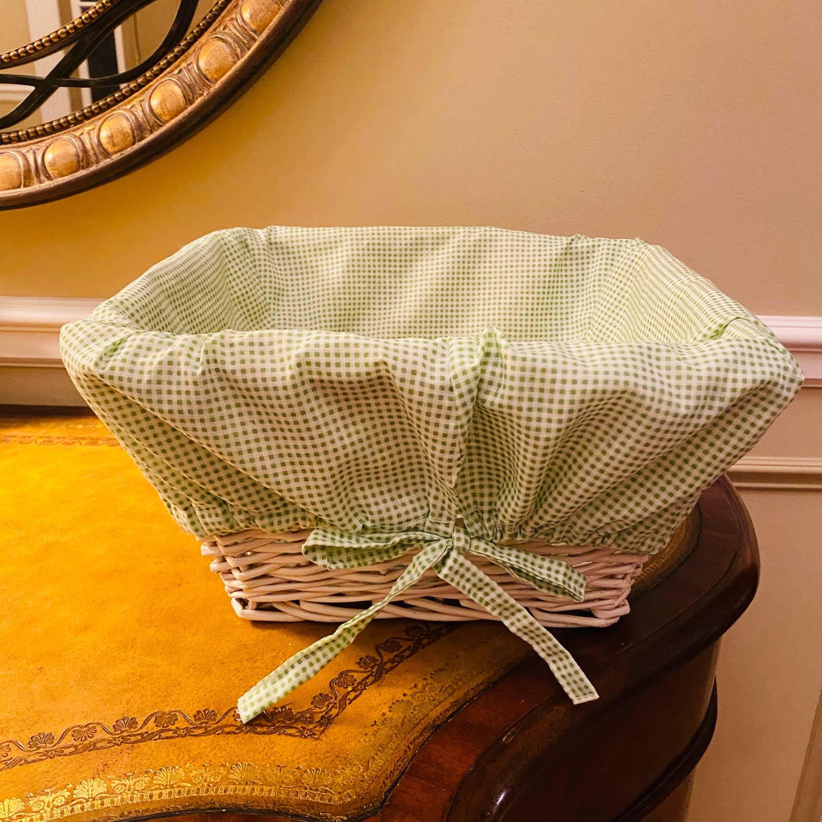 Large White Wicker Square Basket with Washable Removeable Green Checked Liner