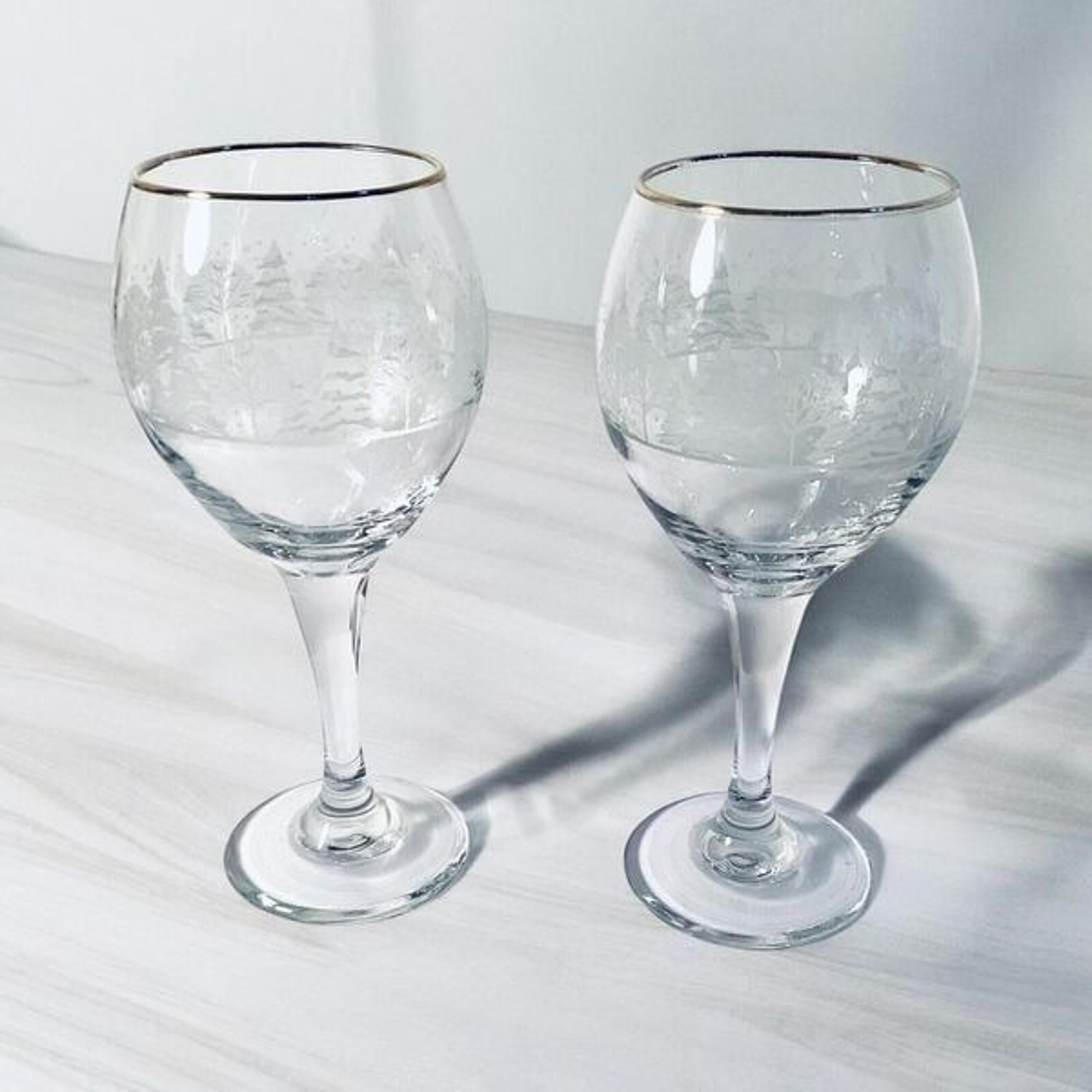Christmas Winter Snow Trees White Frosted Goblets Gold Rims 8"