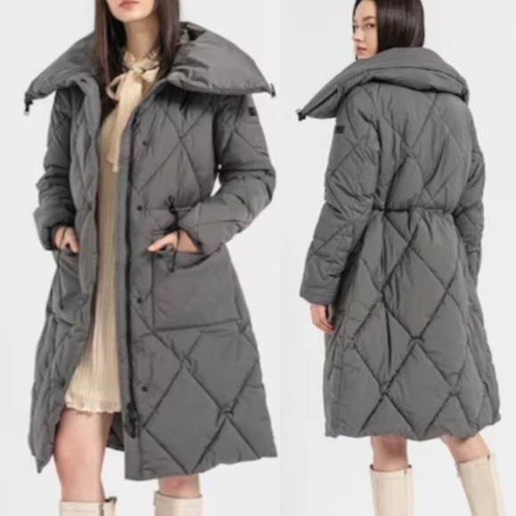 NWT 320 DKNY Pillow Collar Diamond Quilt Long Puffer jacket oversized collar