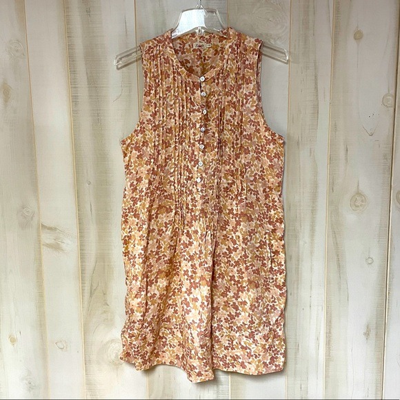 Faherty Linen Rose Red Tan Floral Pleated Front Pockets Dress Sz S