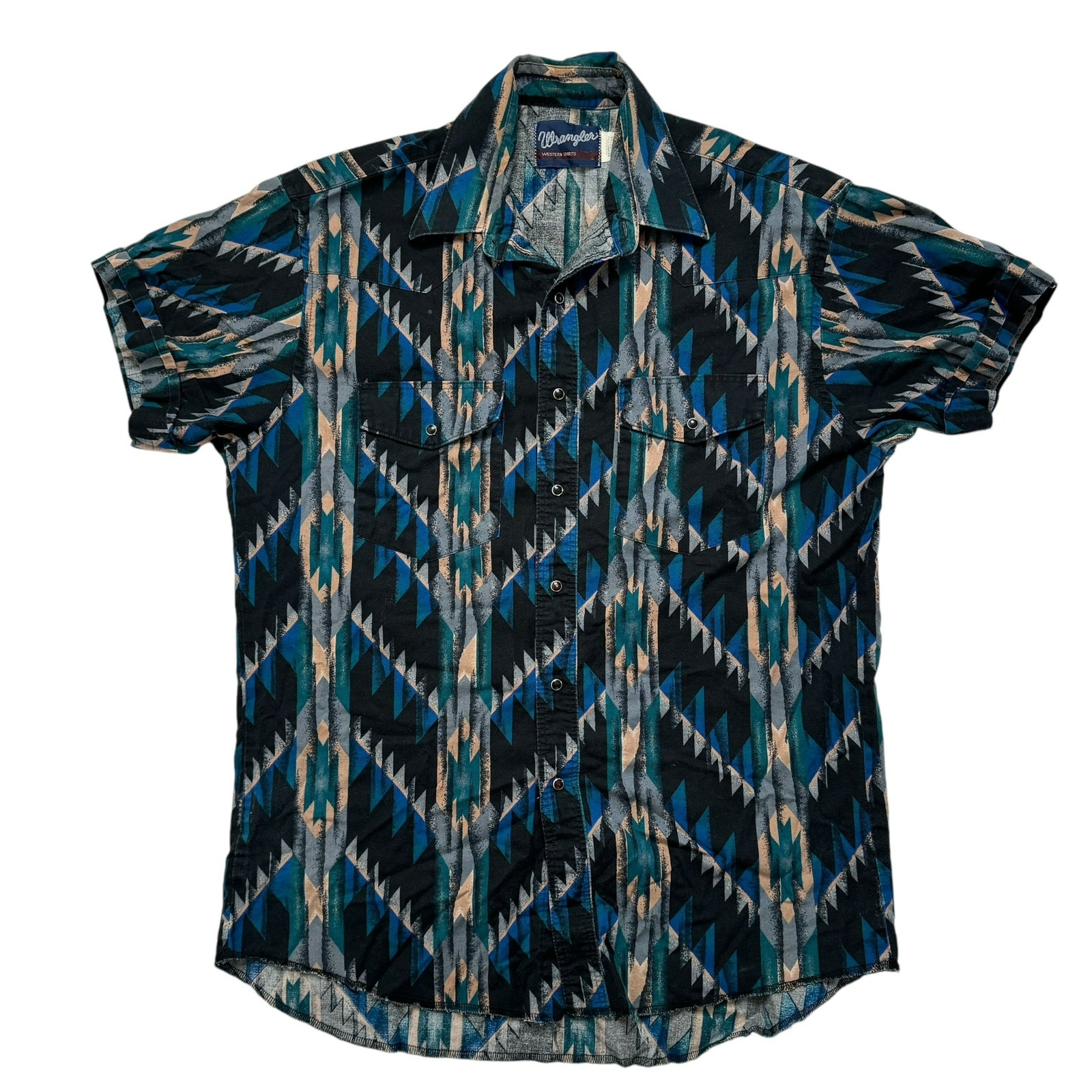 WRANGLER Western Cowboy Pearlized Snap Shirt Large 90s Vintage Blue Green Peach