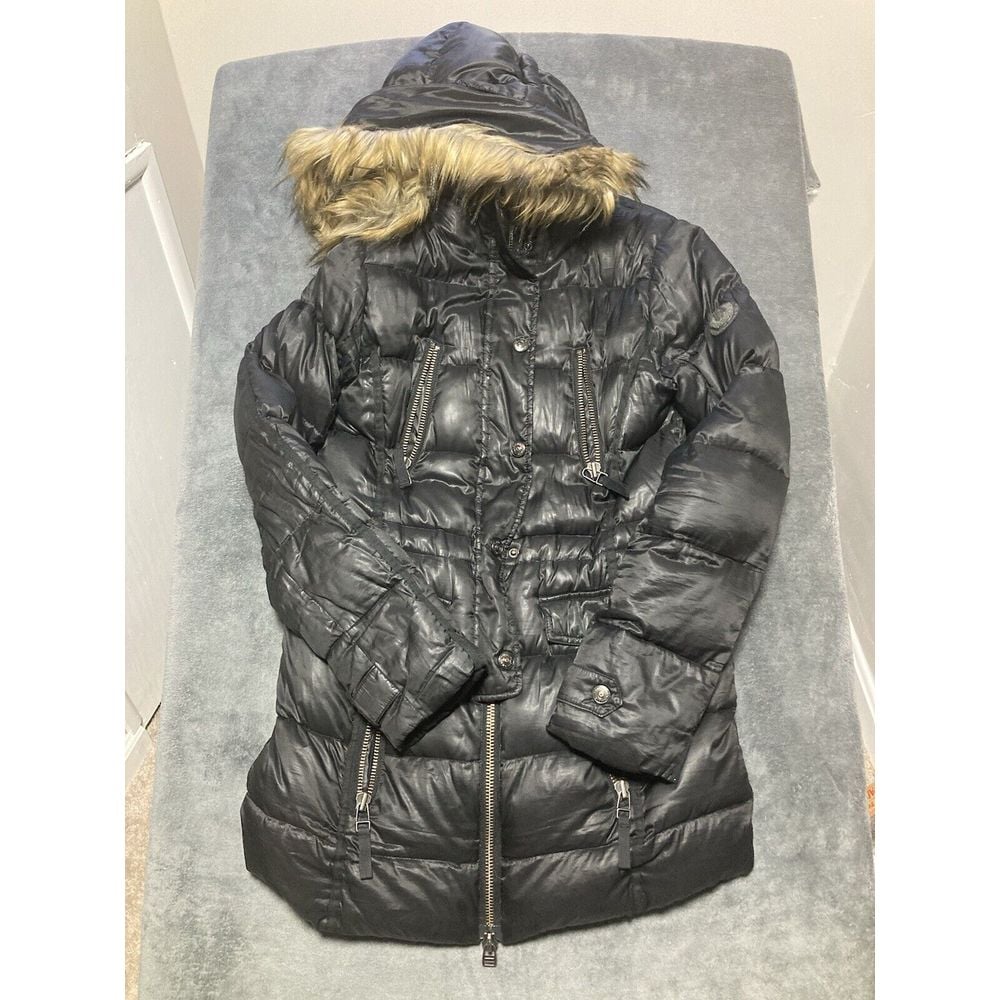 TRUE RELIGION Black Multipocket Full Zip Hooded Duck Down Jacket Size S