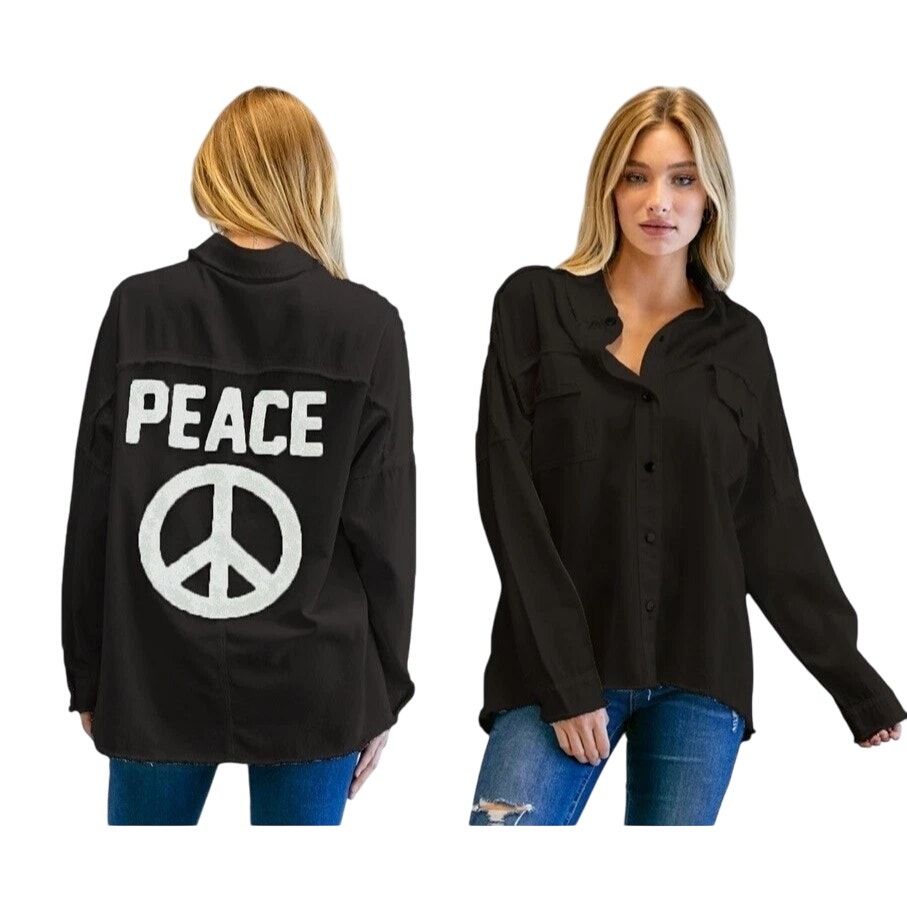 Almost Pink Womens Oversized Peace Sign Distressed Shirt Jacket Size Large Black