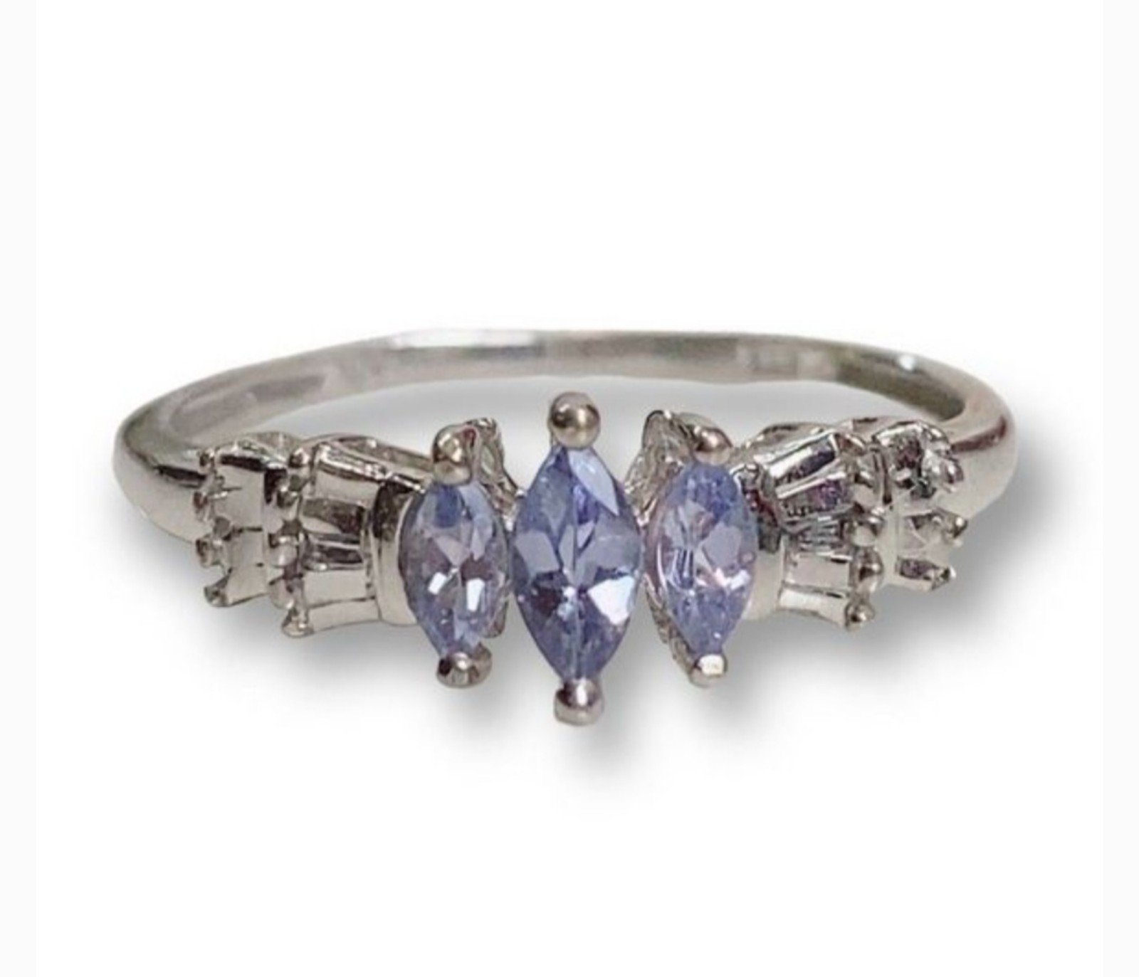 10k White Gold Purple Tanzanite 3 Stone Marquise & Diamond Ring | Size 7.25