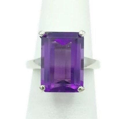 8.35Ct Natural Emerald Cut Purple Amethyst Solitaire Ring 14k White Gold