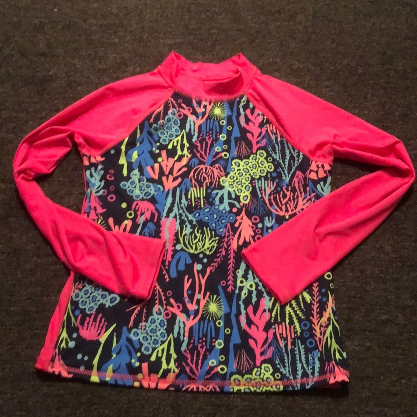 Lands' End Brand Girl's Large 10-12 NEON Pink Long Sleeve Rash Guard Swim Top
