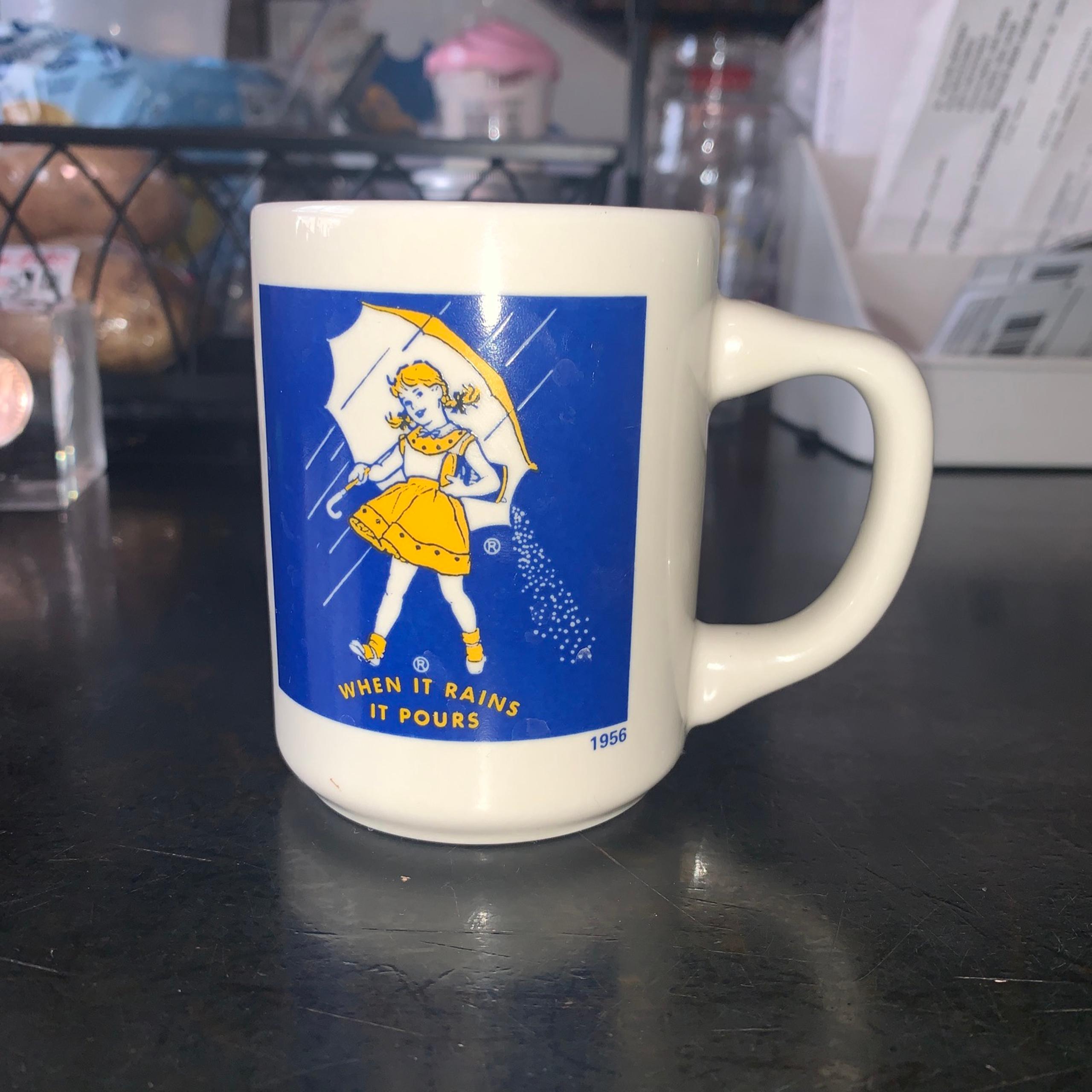 Vintage Morton Salt Girl Coffee Cup Mug Tea Retro 1956 When it Rains it Pours