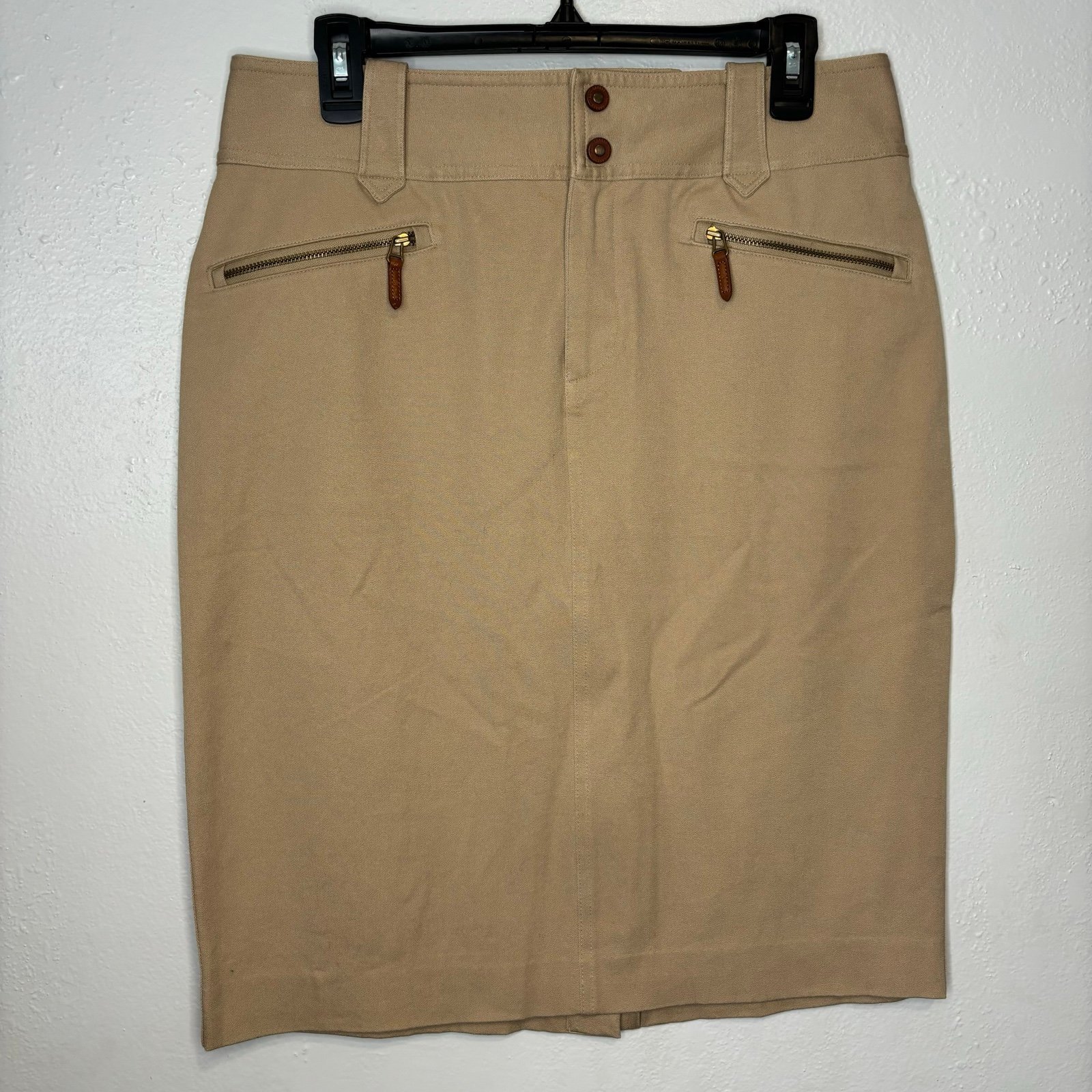 Ralph Lauren Khaki Midi Skirt Leather Buttons Zip Pockets Sz 8 Equestrian Fall