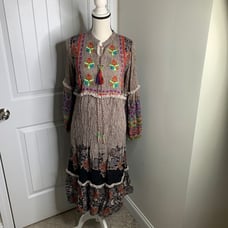 Anthropologie Raga Boho Embroidered Maxi Dress Peasant Floral Tassel Cottagecore