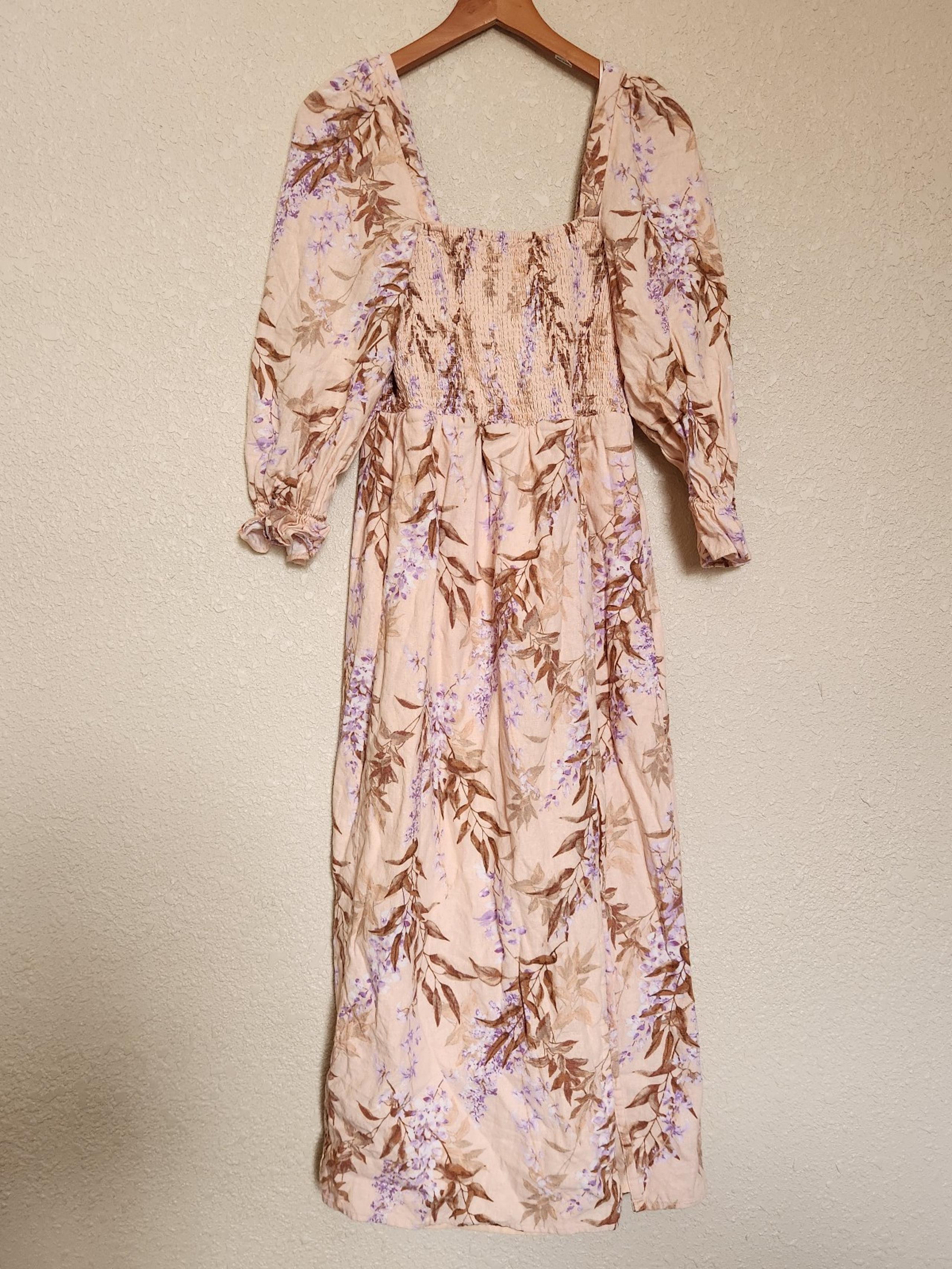 HOUSE OF HARLOW 1960 Dress Women Small Linen Blend Floral Smocked Slit Midi