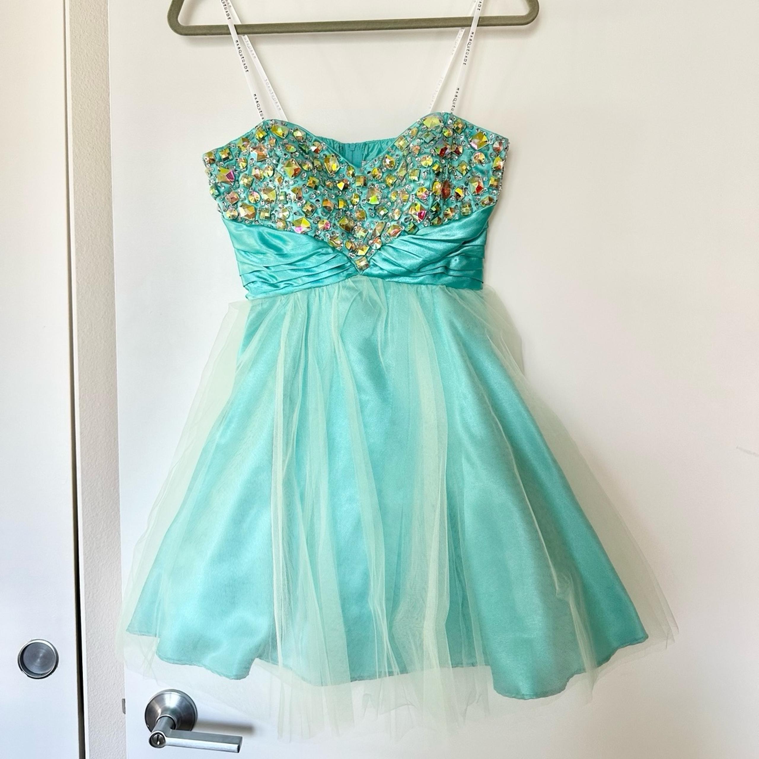 Masquerade Aqua Blue Tulle Strapless Jeweled Prom Dress Size 5/6
