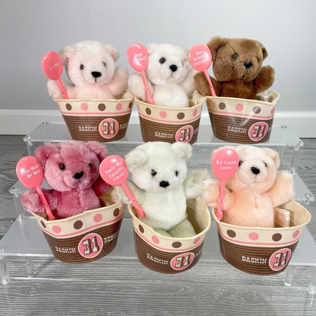 Vintage Baskin Robbins 31 Flavors Ice Cream Cup Teddy Bear Plush - LOT of SIX