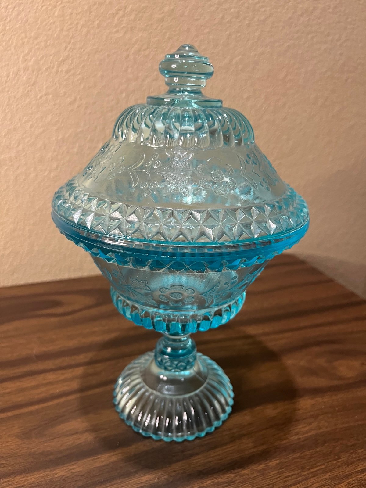 1950s Vintage L.G Wright Wildflower Aqua Blue Lidded Pedestal Compote/Candy Dish