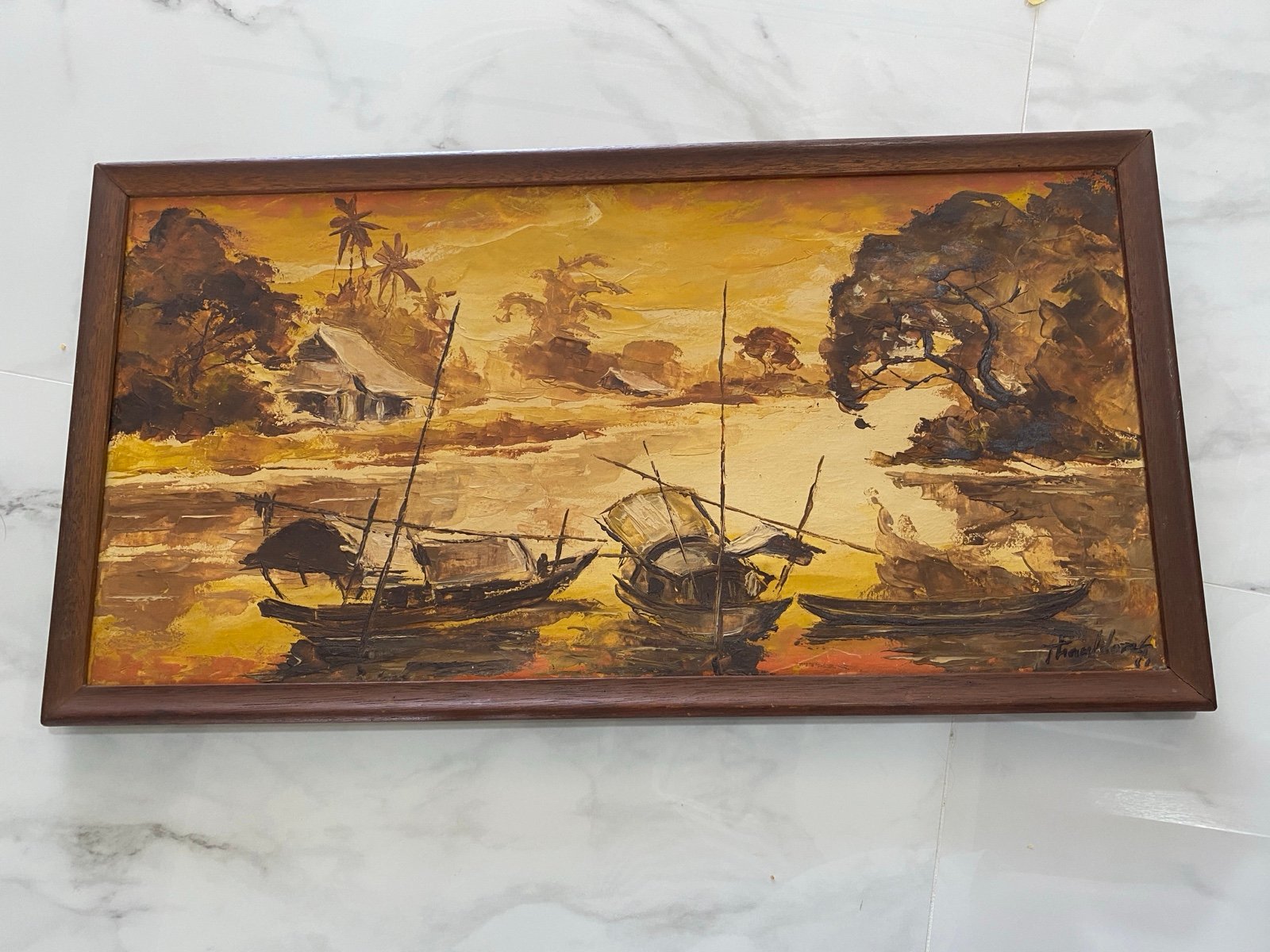 Vintage Vietnamese River Scene Painting – Hand-Painted, 1960s