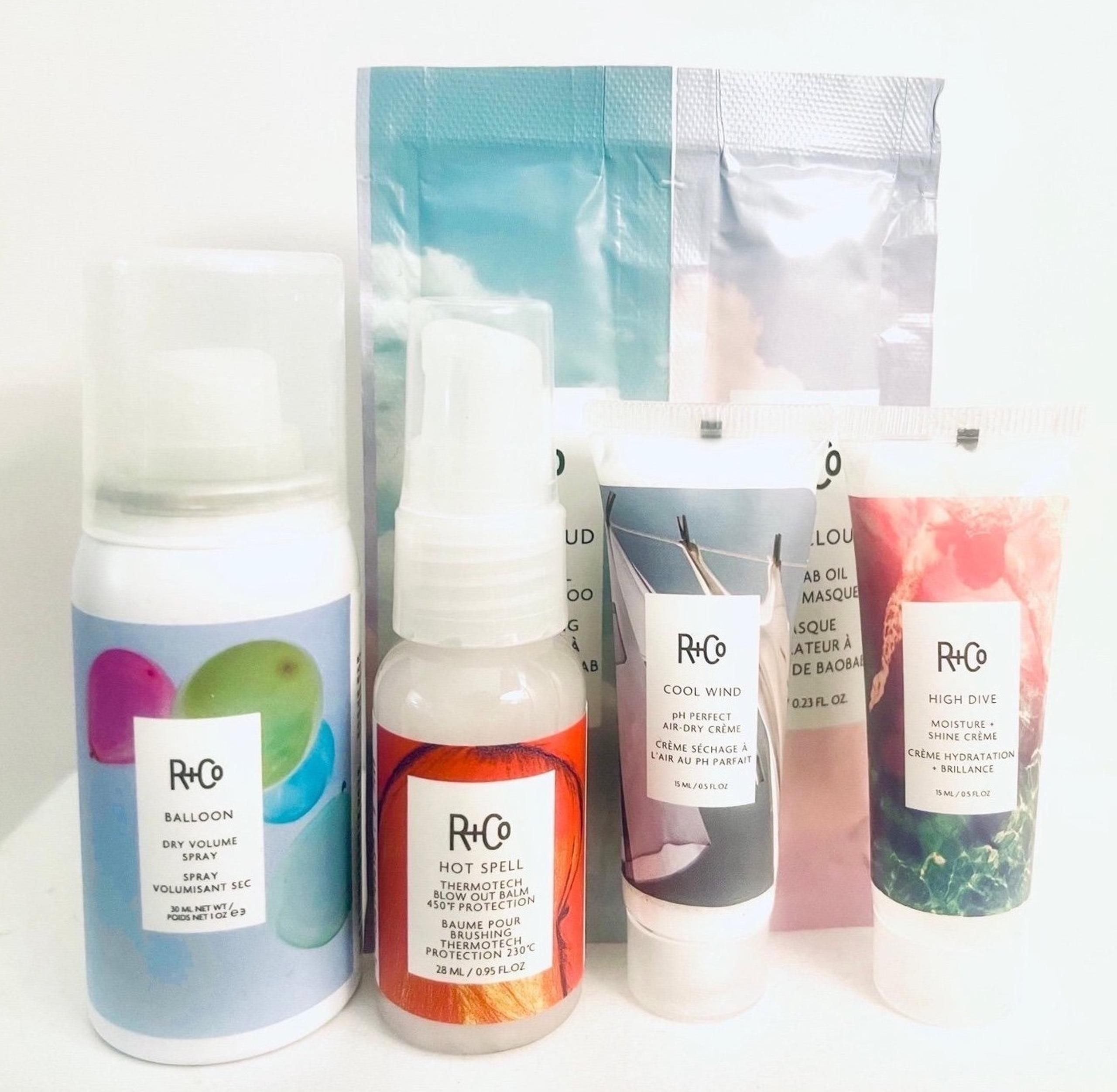 Set x5 R+Co Mini Travel Set Hair Styling Cream Leave In Conditioner Blowout Balm
