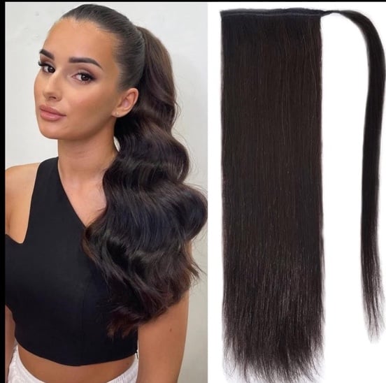 New Ugrace Human Hair Ponytail Extension Clip In 14” 1B Natural Black