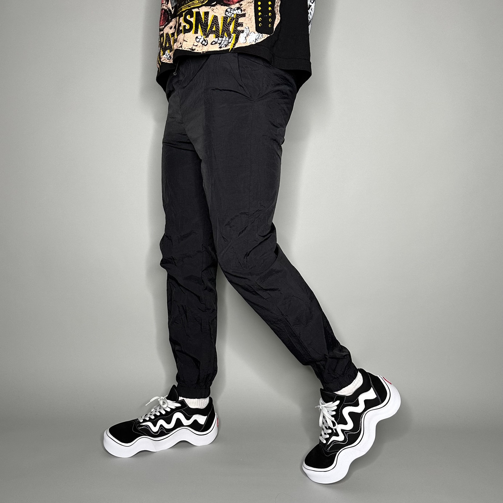 Track Pants Jet Black Nylon Joggers Mesh Lined Elastic Cuffs