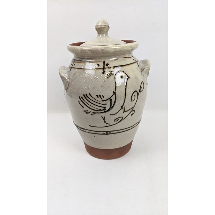 Vintage Studio Art Signed RT Pottery Covered Urn Vase Bird Quail 1998