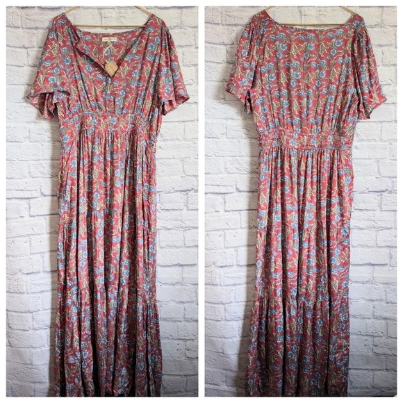 Natural Life Bella Maxi Dress XL NEW Red Olive Leaf Floral Print Bohemian Hippie