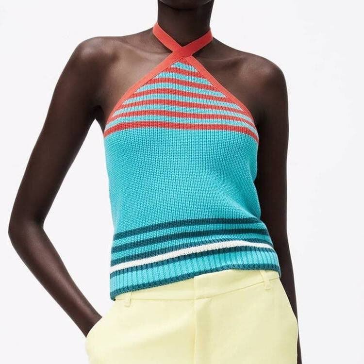 Zara Blue & Orange Knit Halter Top • Size S