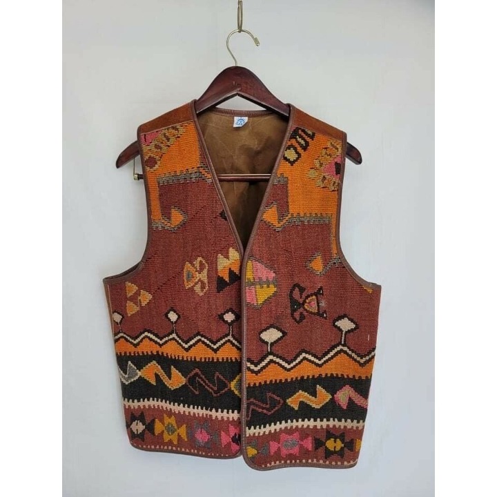 Vintage Heavy Duty Wool Indian Blanket Vest Southwest Navajo Aztec Size L